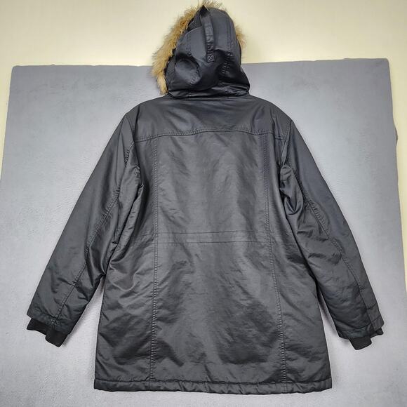 J Crew Jacket Womens XL Black Faux Fur Hood Quilted Lined Perfect Parka H2222 - Picture 2 of 16